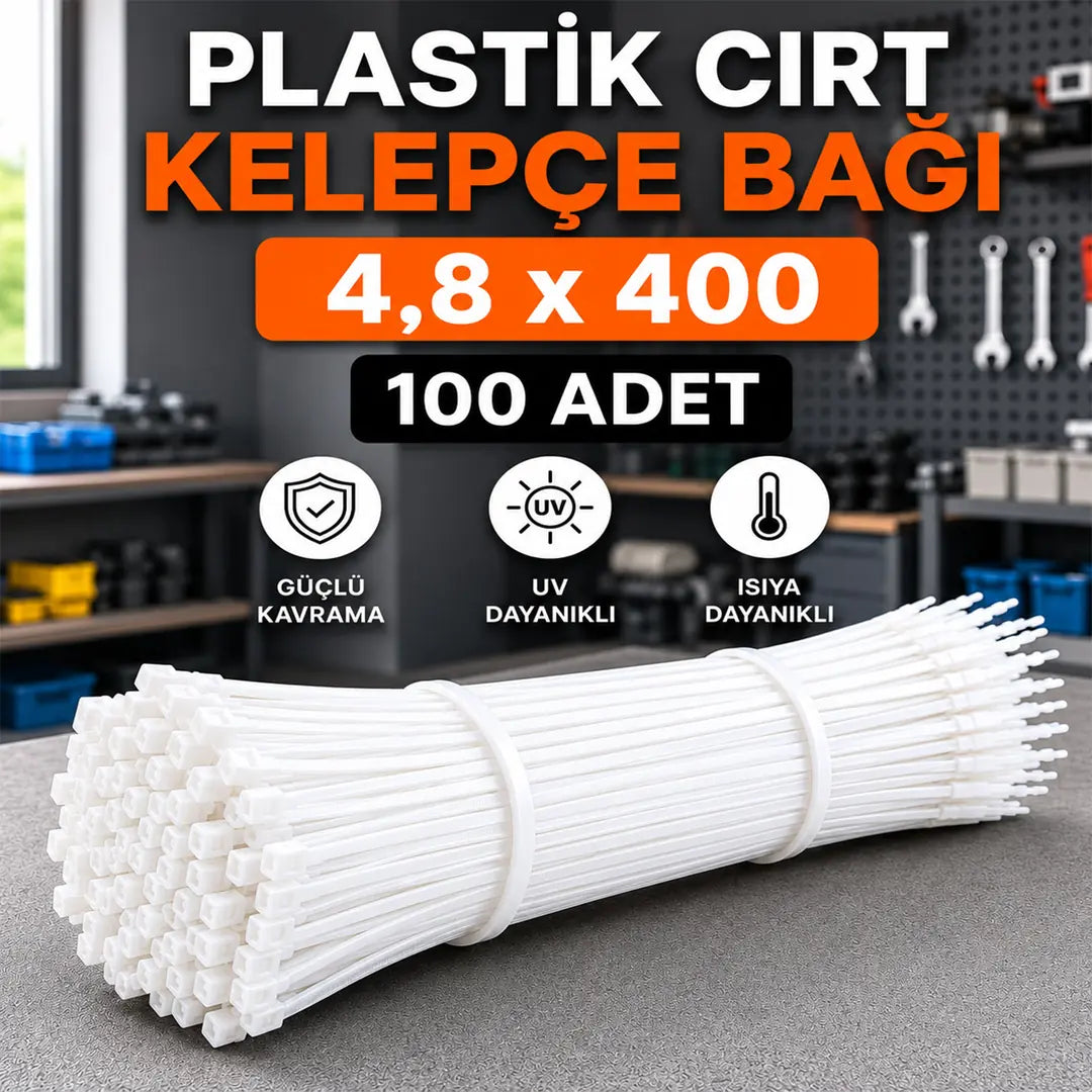 Kablo Bağı Plastik Cırt Kelepçe 4,8x450 mm Beyaz 100 Adet Dayanıklı Güçlü Sabitleme Bağı