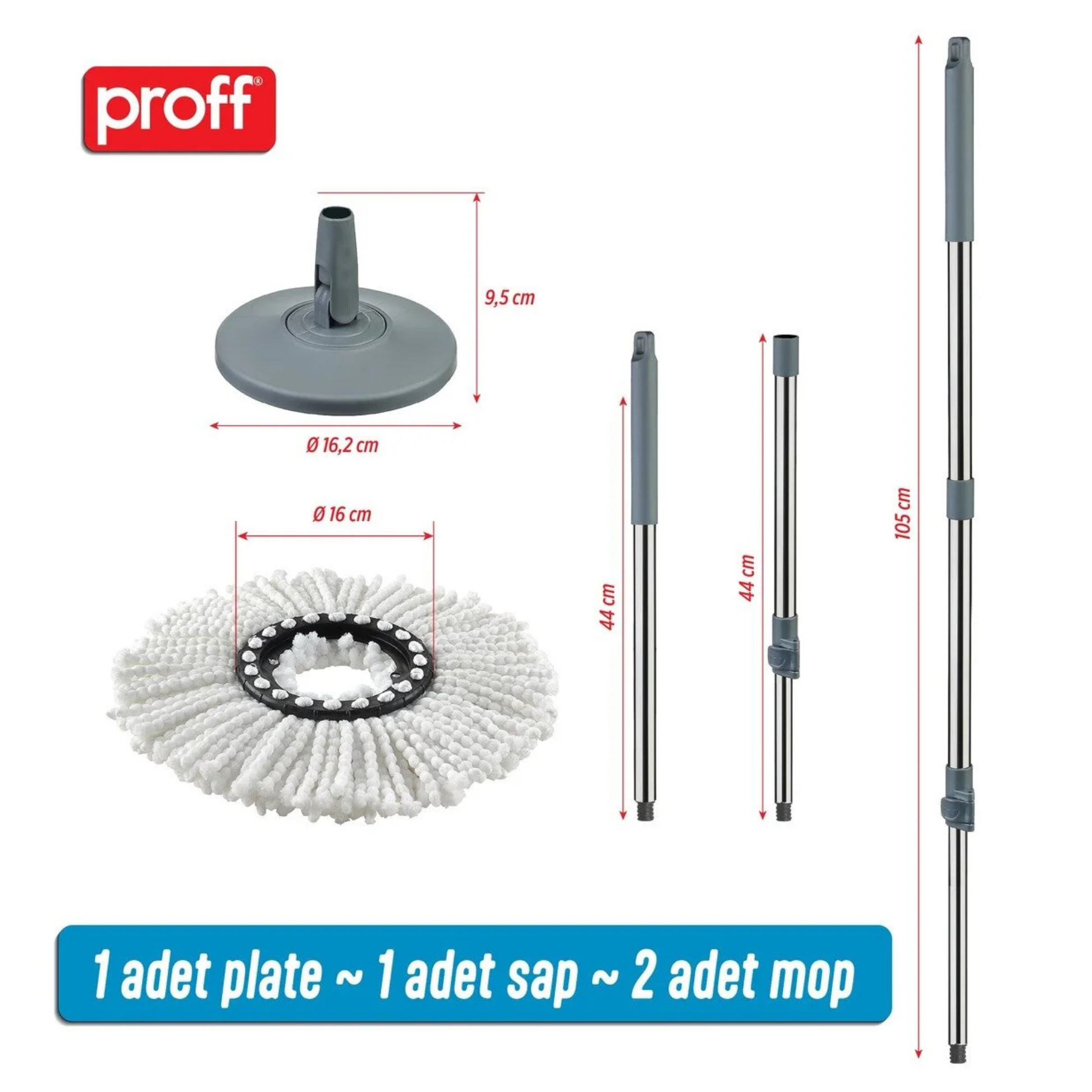 Proff Trio 3’lü Temizlik Seti (Otomatik Sap + Mop Başlığı + 2 Mop Yedeği)
