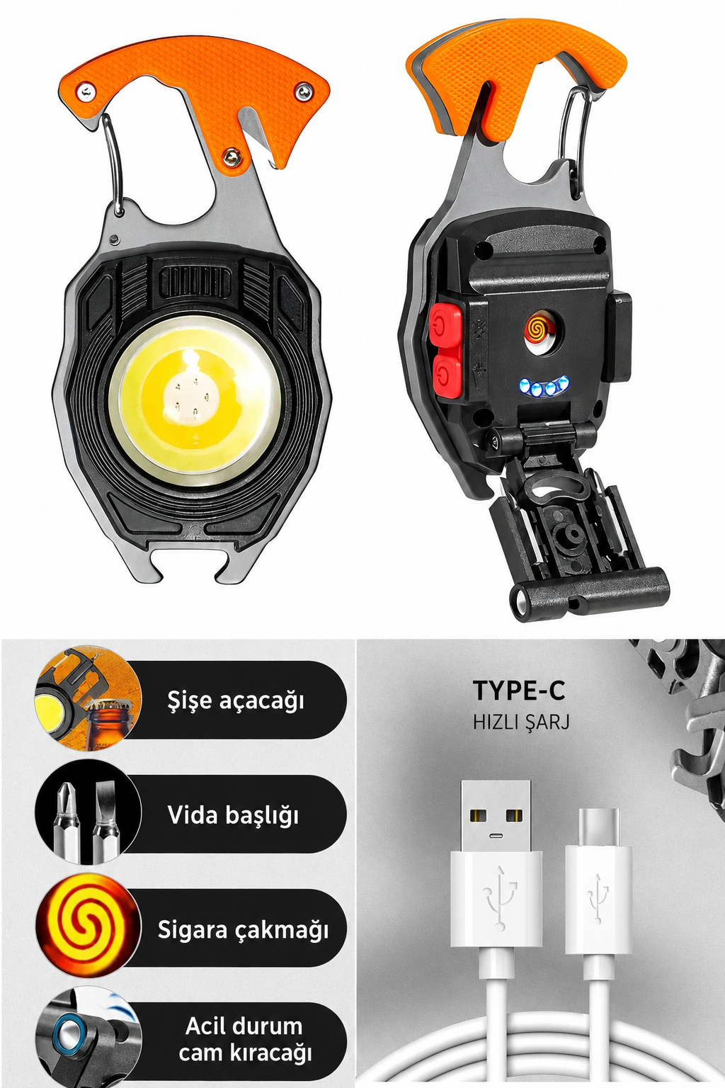 Kamp Feneri Çok Fonksiyonlu Deprem Feneri Anahtarlık Usb Çakmak Cam Kırıcı Kesici Düdük Tornavida Açacak