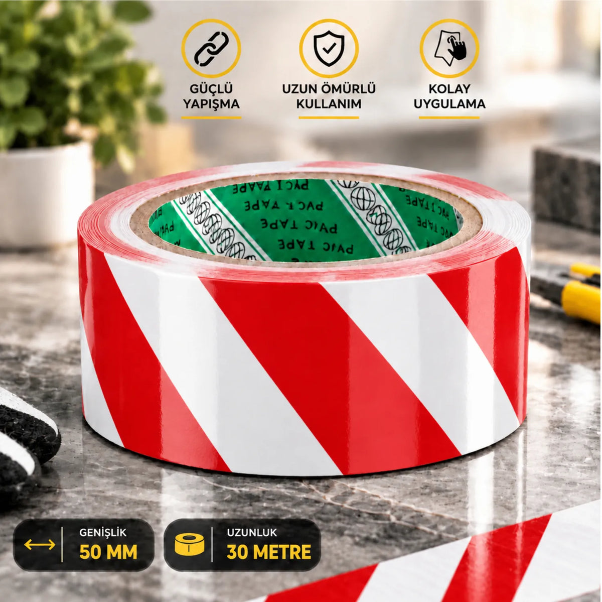 Yer İşaretleme Bandı Kırmızı Beyaz 50 mm x 30 Metre Zemin Uyarı Alan Belirleme Düzenleme Bandı