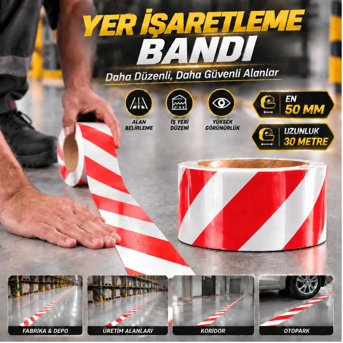 Yer İşaretleme Bandı Kırmızı Beyaz 50 mm x 30 Metre Zemin Uyarı Alan Belirleme Düzenleme Bandı