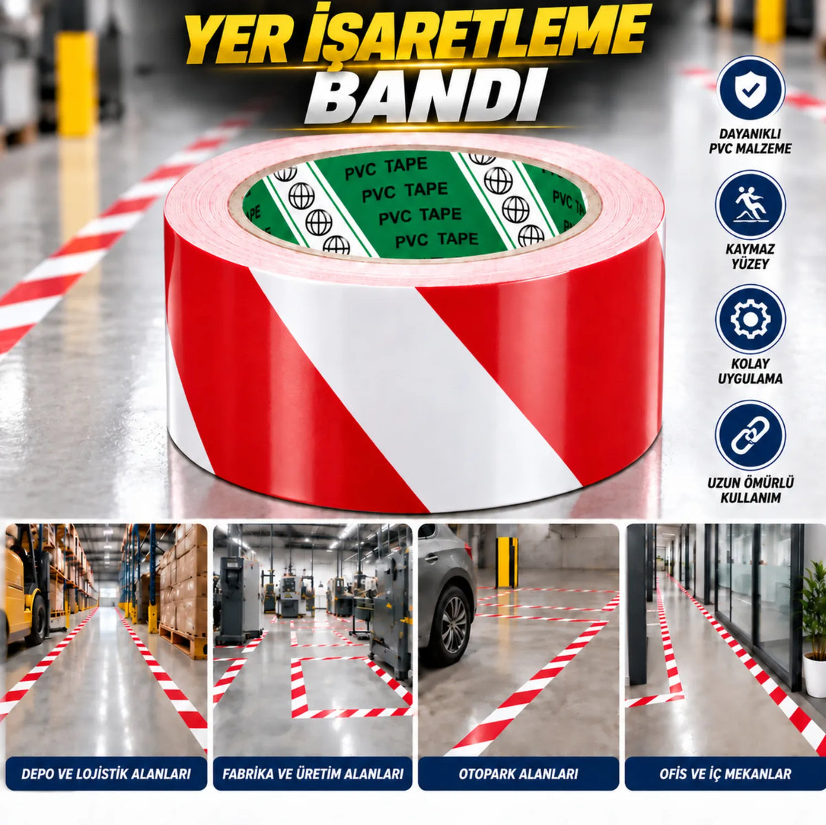 Yer İşaretleme Bandı Kırmızı Beyaz 50 mm x 30 Metre Zemin Uyarı Alan Belirleme Düzenleme Bandı