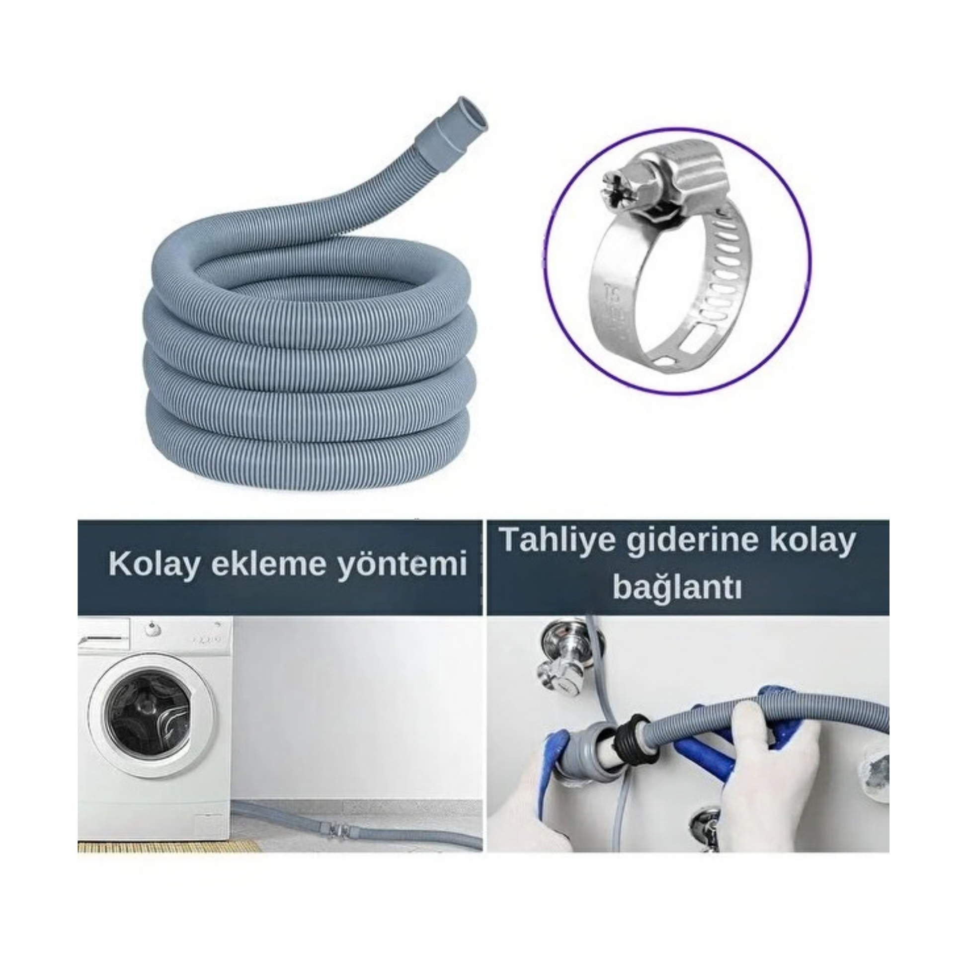 Çamaşır Bulaşık Makinesi Pis Su Giriş Hortumu 3 mt (Kelepçesi Dahildir)