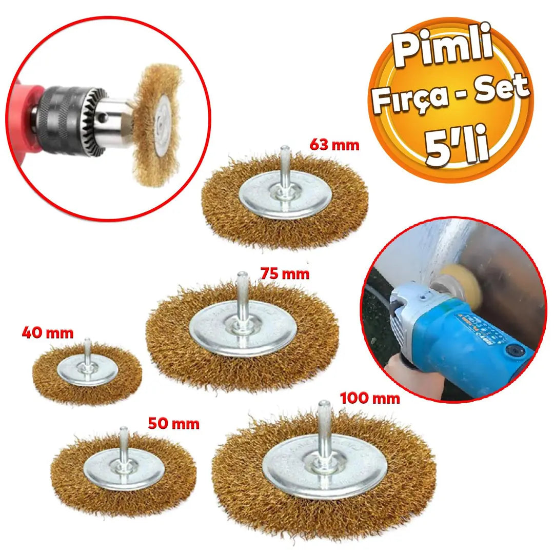 Boya Kurum Pas Zımparalama Kazıma Temizleme Fırçası Pimli Yassı Tel Fırça Matkap Uyumlu 5'li Set