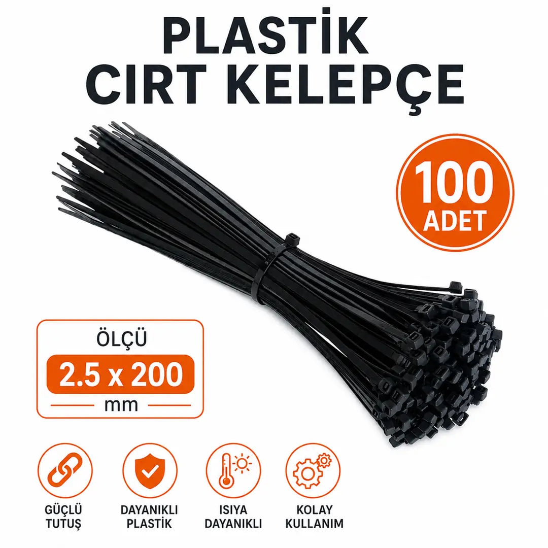 Kablo Bağı Plastik Cırt Kelepçe 2,5x200 mm 100 Adet Dayanıklı Çok Amaçlı Kablo Düzenleyici