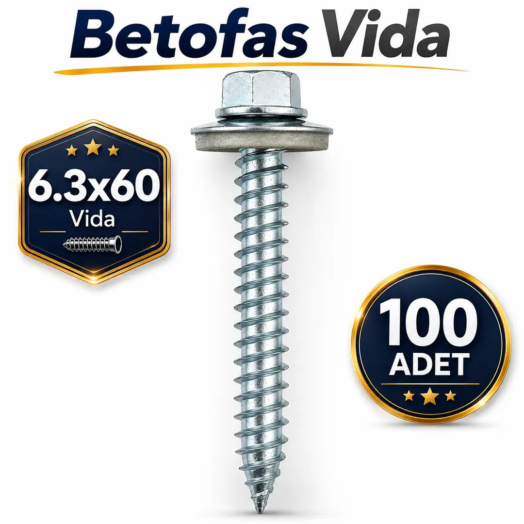 100 Adet Betofast 6.3x60 mm Sivri Uçlu Çatı Beton Ağaç Vidası EPDM Pullu Trapez Sac Panel Vidası