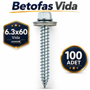 100 Adet Betofast 6.3x60 mm Sivri Uçlu Çatı Beton Ağaç Vidası EPDM Pullu Trapez Sac Panel Vidası