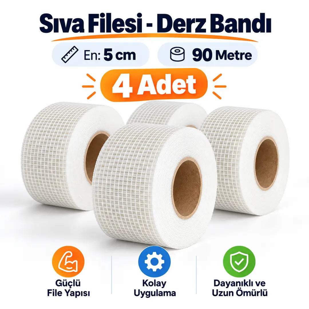 (4 Adet) Yapışkanlı Derz Bandı 90 Metre Cephe Sıva Filesi 5 cm Tamir Sıvası Yalıtım Montalama Bant