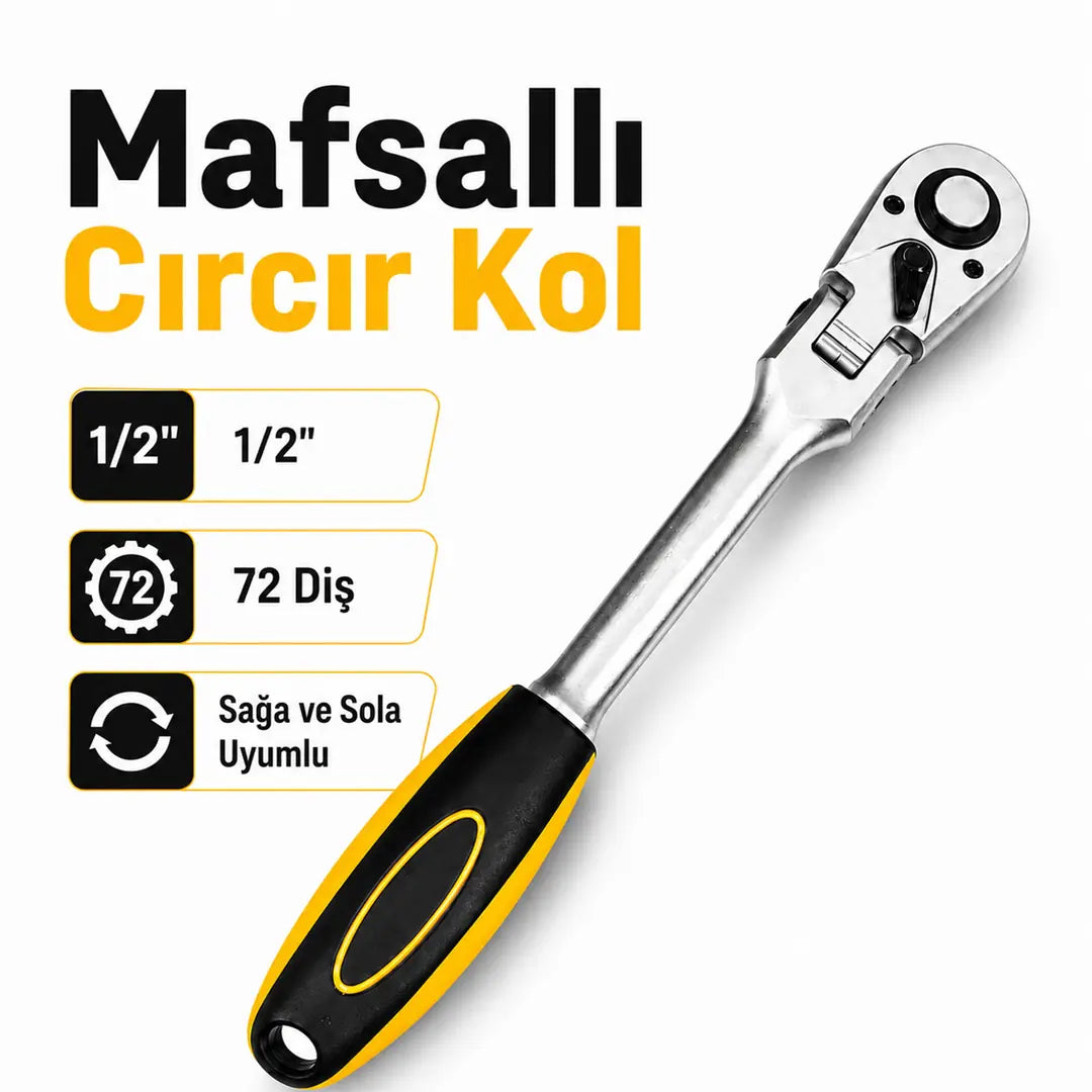 Mafsallı Cırcır Kol 1/2 72 Diş Lokma Anahtarı Profesyonel Tamir Montaj El Aleti Sağ Sol Yönlü