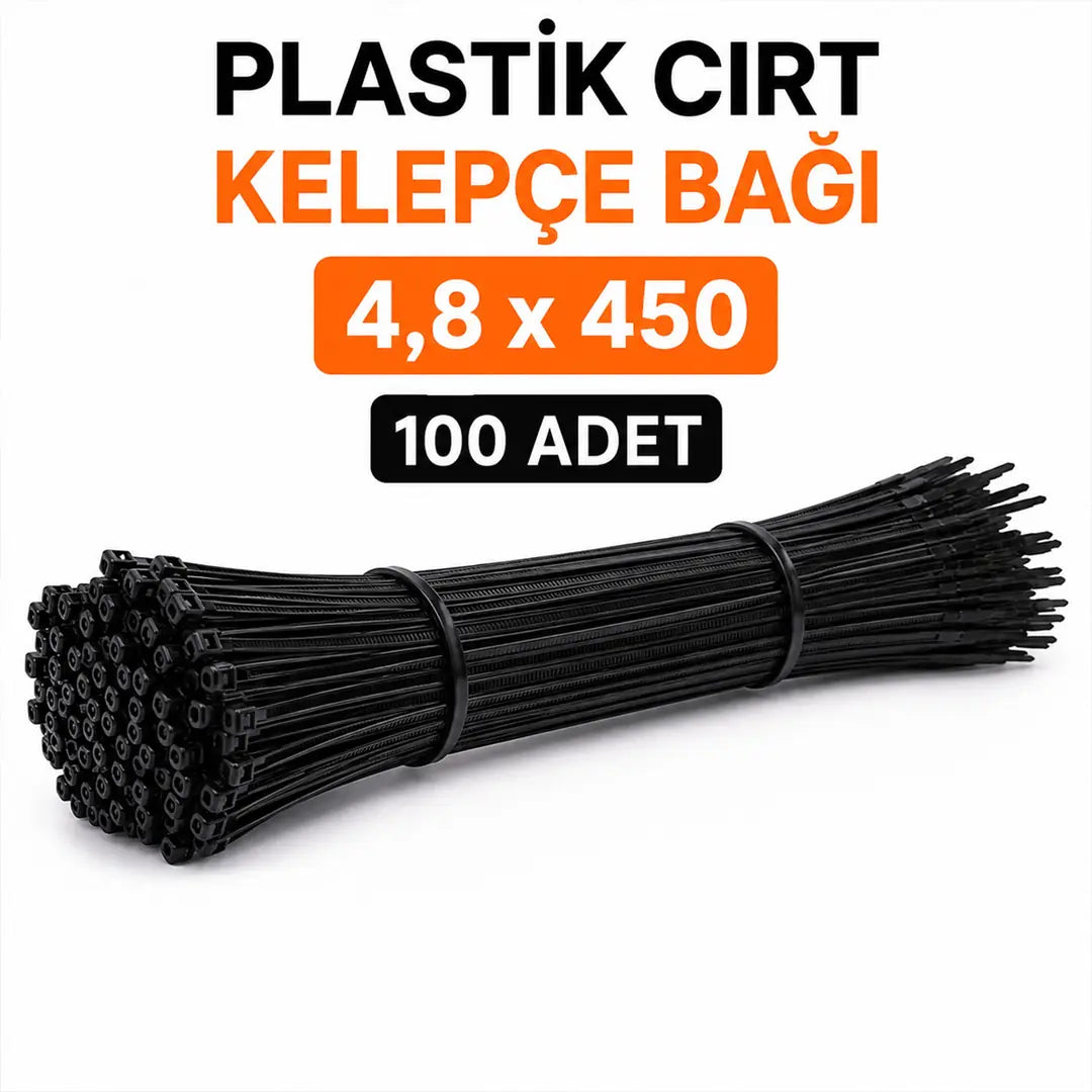Kablo Bağı Plastik Cırt Kelepçe 4,8x450 mm Siyah 100 Adet Dayanıklı Güçlü Sabitleme Bağı