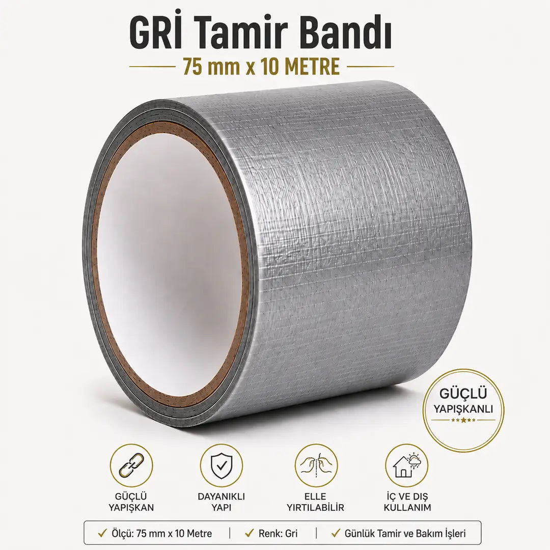 Gri Tamir İzolasyon Bandı 75 Mm X 10 Metre Genel Duct Tape Su Geçirmez Sızdırmazlık Takviye Bantları