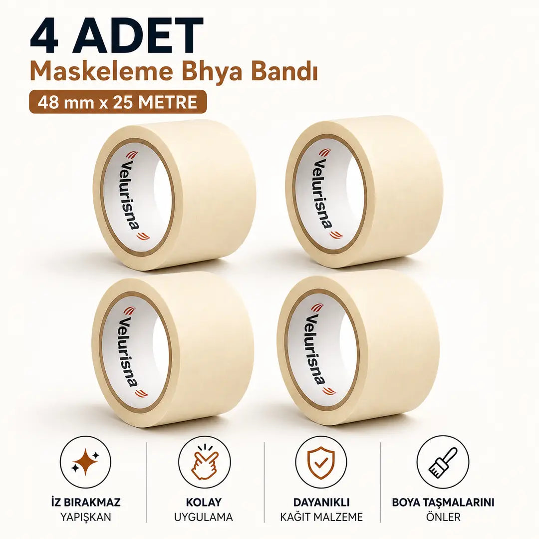 (4 ADET) Maskeleme Bandı 25 METRE 48 MM Koruma Kağıt Bant Boyacı Tamir Ahşap Cam Metal Oto Yüzey