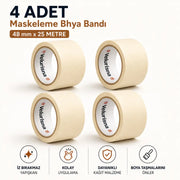 (4 ADET) Maskeleme Bandı 25 METRE 48 MM Koruma Kağıt Bant Boyacı Tamir Ahşap Cam Metal Oto Yüzey