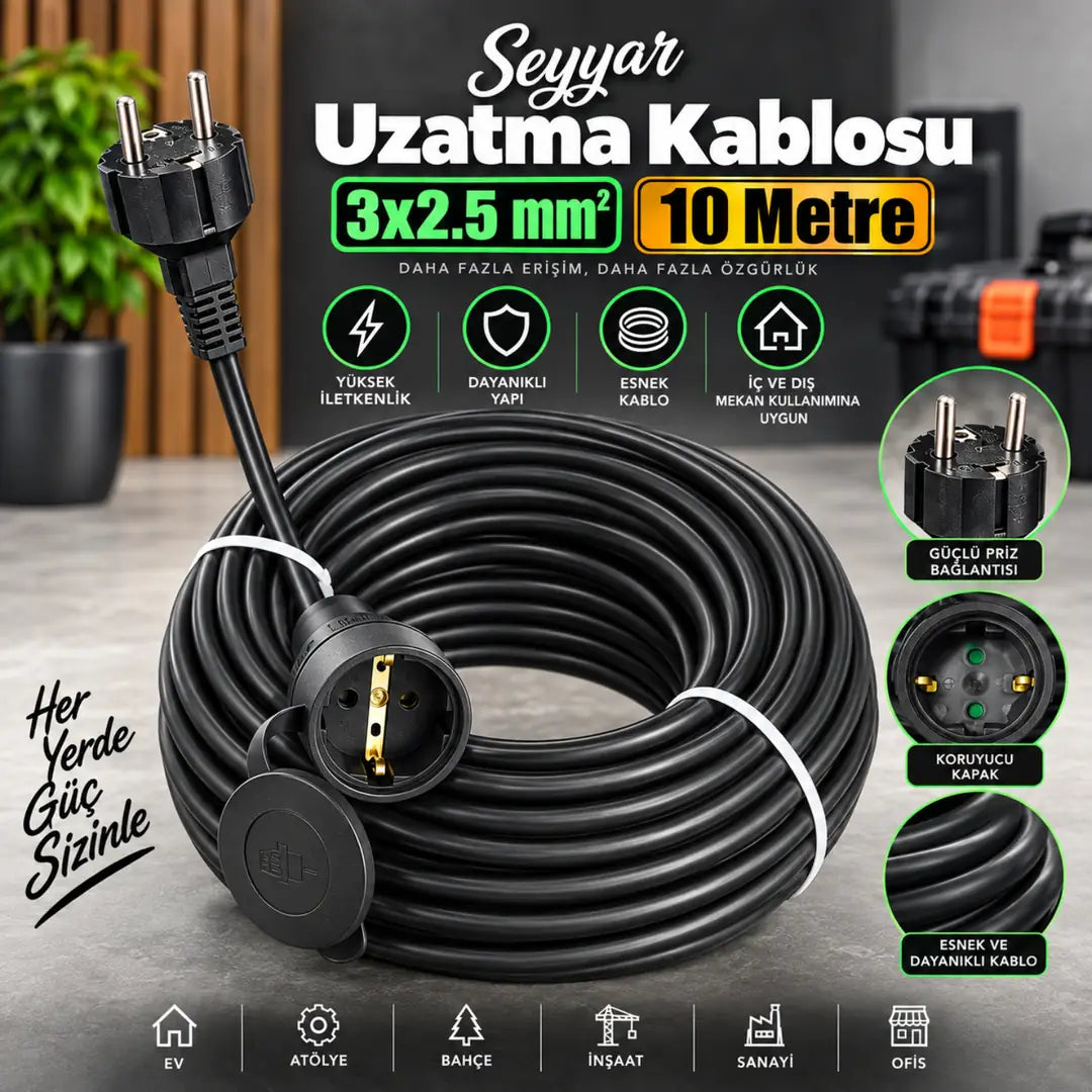 Siyah 10 Metre 3x2.5 mm² CCA Topraklı Prizli Ev Bahçe Atölye Ofis Elektrik Seyyar Uzatma Kablosu