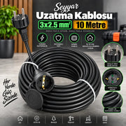 Siyah 10 Metre 3x2.5 mm² CCA Topraklı Prizli Ev Bahçe Atölye Ofis Elektrik Seyyar Uzatma Kablosu