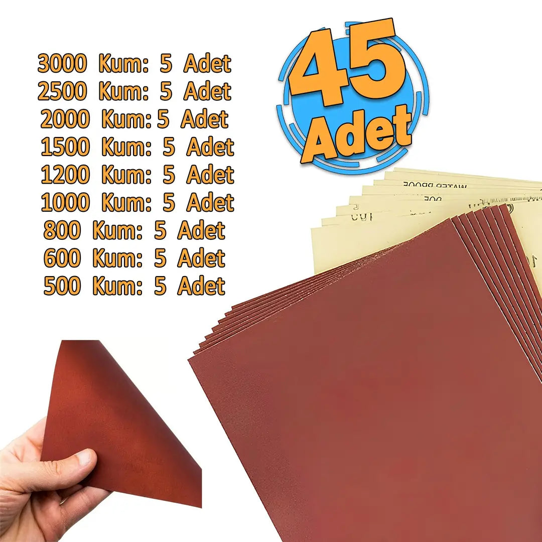 Su Zımparası 45 Adet Kağıt Far Temizle Parlatma Seti 3000-2500-2000-1500-1200-1000-800-600-500 Kum