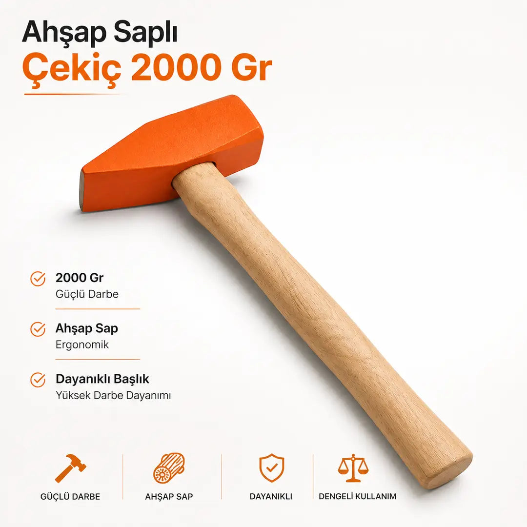 Ahşap Saplı Çekiç 2000 GRAM Dayanıklı El Çekici Çivi Çakma