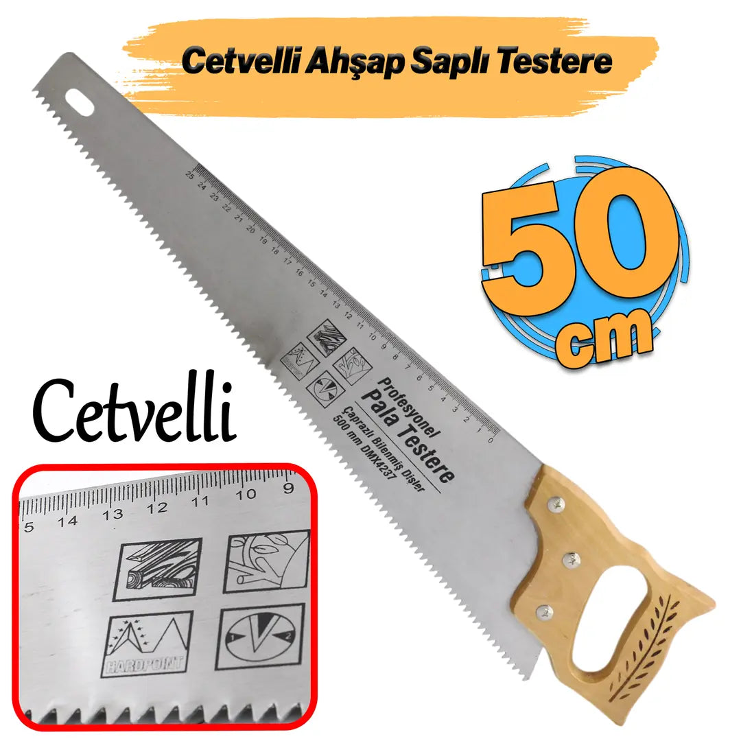 Ahşap Saplı 50 cm Pala Testere Ağaç Tahta Sunta Bağ Dal Kesme Budama Güçlü Çapraz Dişli Cetvel Ölçme