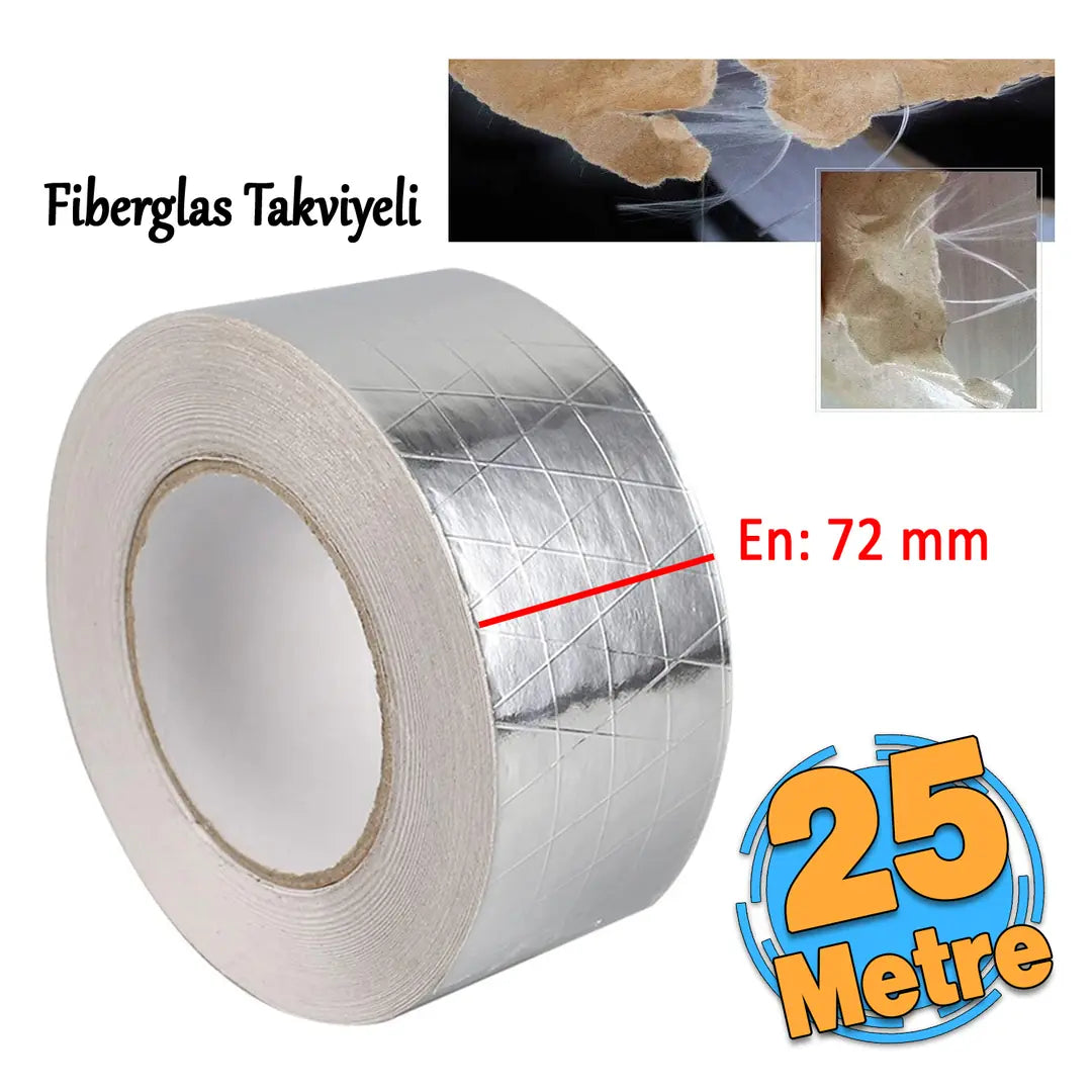 Yapışkanlı Fiberglas Lif Takviyeli Alüminyum Folyo Bant 72 mm x 25 Metre Yanmaz Soba Borusu Bandı