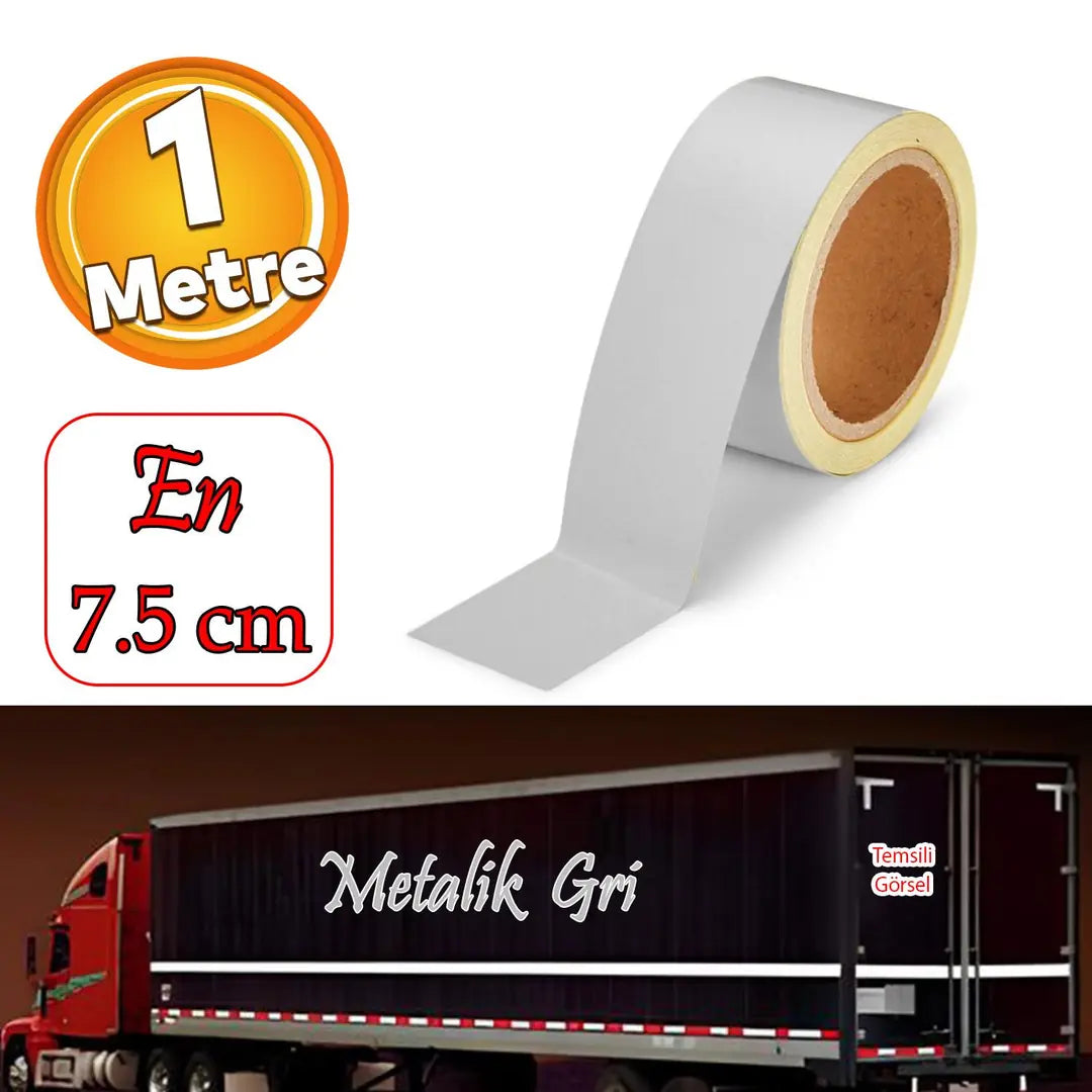Düz Desensiz En 7.5 cm 1 Mt İkaz Bandı Reflektif Metalize Gri Renk Gece Parlayan Reflektörlü Bant