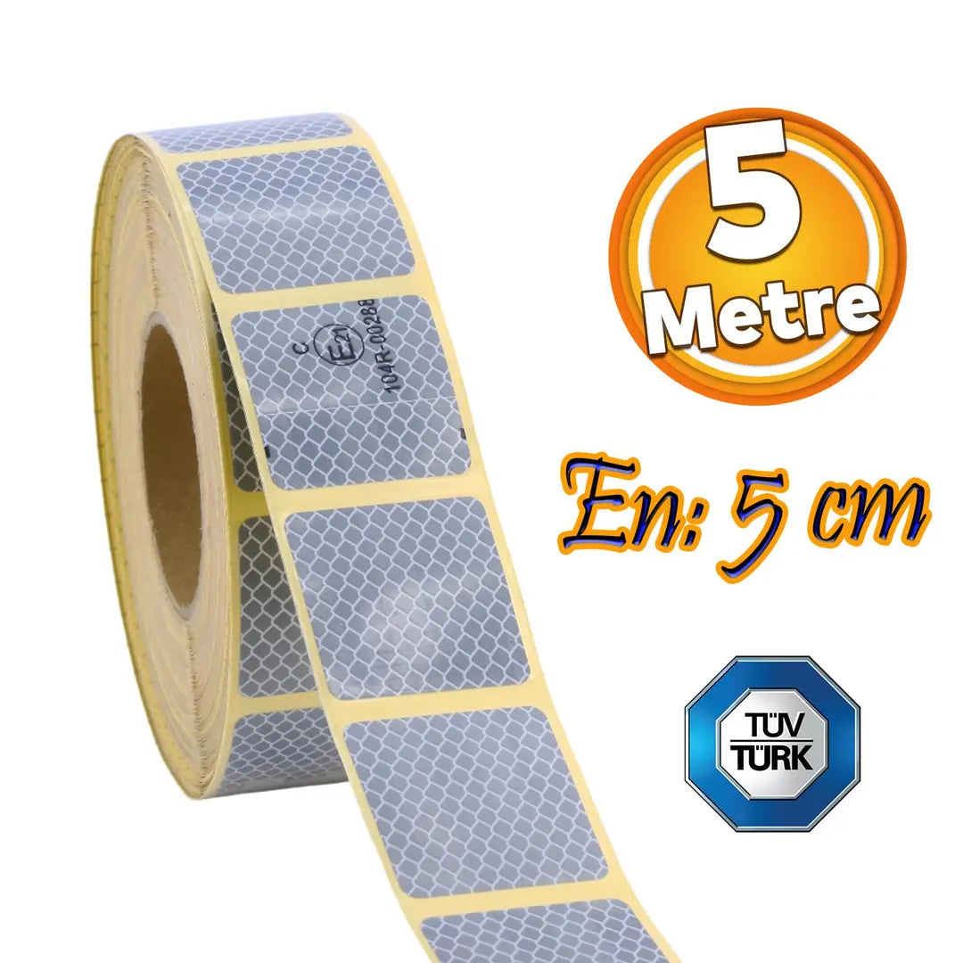 Tüvtürk Onaylı Beyaz Gri Kesik Reflektörlü Bant Gece Parlayan En 5 cm 5 Mt İkaz Fosforlu Reflektif