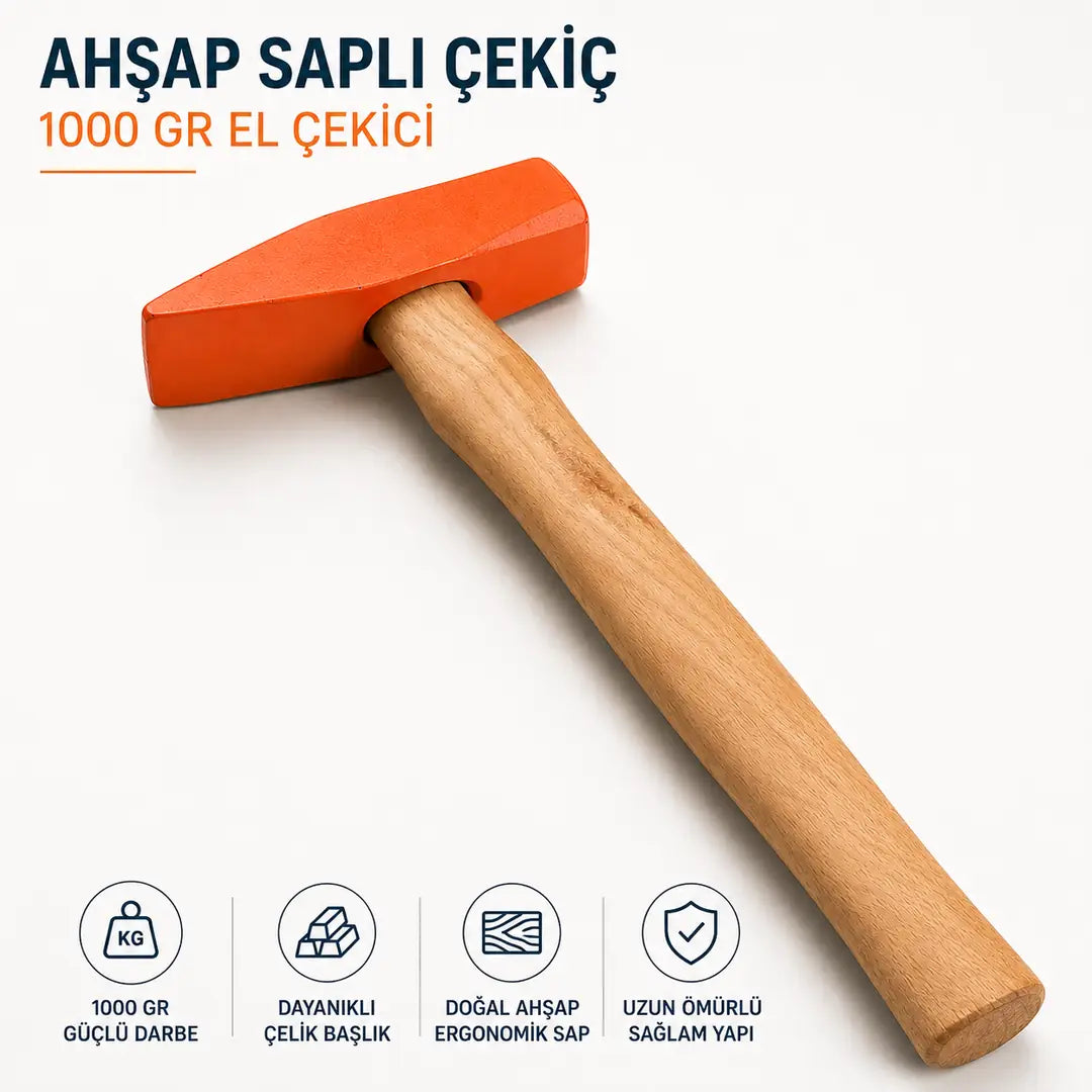 Ahşap Saplı Çekiç 1000 Gr Dayanıklı El Çekici Çivi Çakma