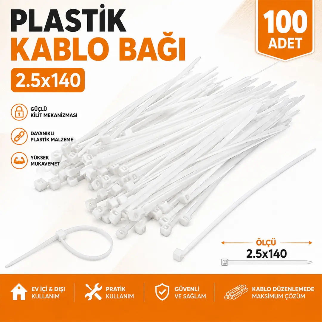 Kablo Bağı Plastik Cırt Kelepçe 2.5x140 mm Beyaz 100 Adet Dayanıklı Çok Amaçlı Kablo Düzenleme Seti