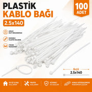 Kablo Bağı Plastik Cırt Kelepçe 2.5x140 mm Beyaz 100 Adet Dayanıklı Çok Amaçlı Kablo Düzenleme Seti