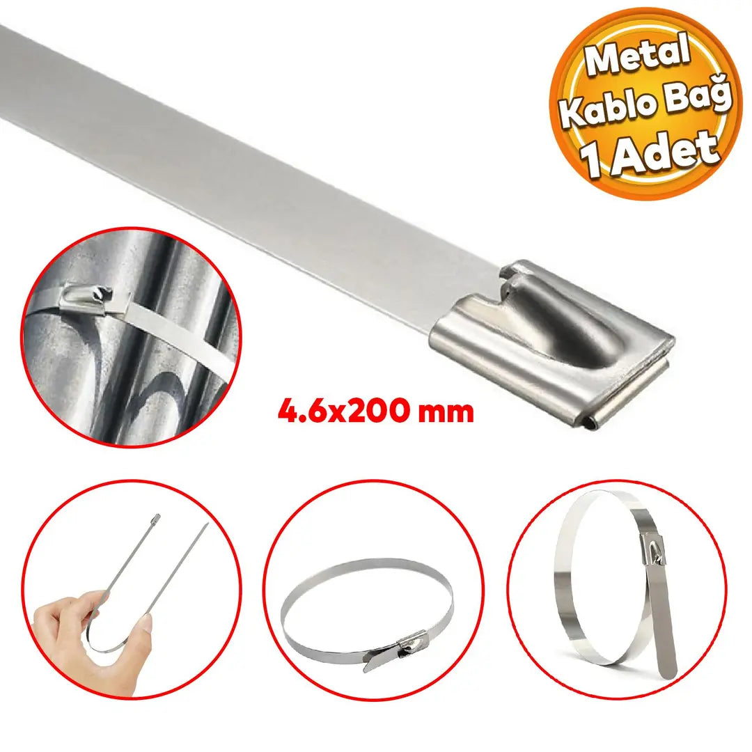 Cırt Kelepçe Metal Paslanmaz Çelik Kablo Zip Bağı Çok Amaçlı Bağlama 4.6x200 1 Adet