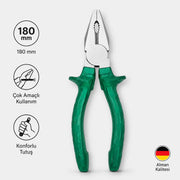 180 mm Çok Amaçlı Pense | Ergonomik İzole Saplı Kablo Kesme ve Sıyırma Pensesi